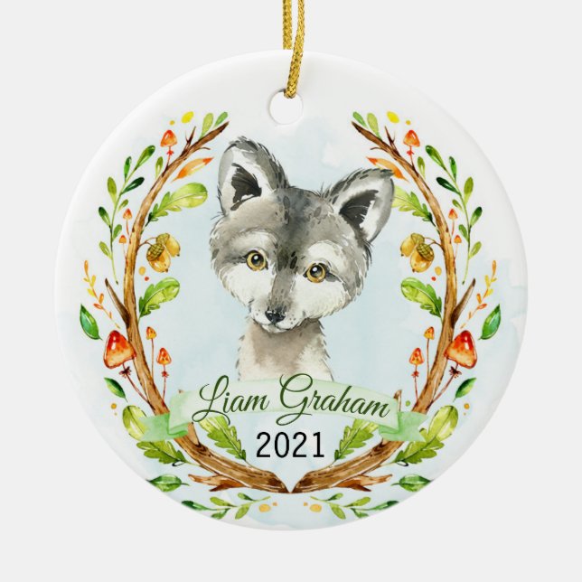 Ornamento De Cerâmica Wolf Woodland Natal Holiday Keepsawn (Frente)