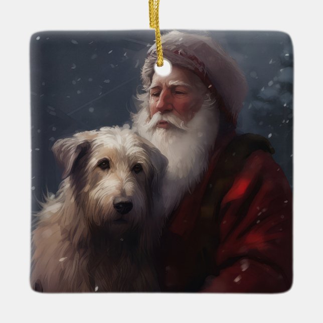Ornamento De Cerâmica Wolfhound com Papai Noel Natal Festivo (Frente)