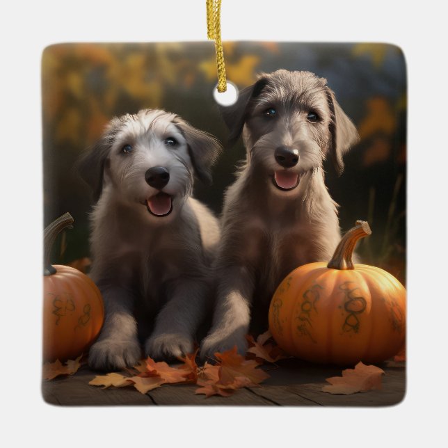 Ornamento De Cerâmica Wolfhound Puppy Autumn Delight Pumpkin (Frente)