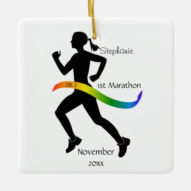 Ornamento De Cerâmica Woman Marathon Runner Ornament in Rainbow (Frente)