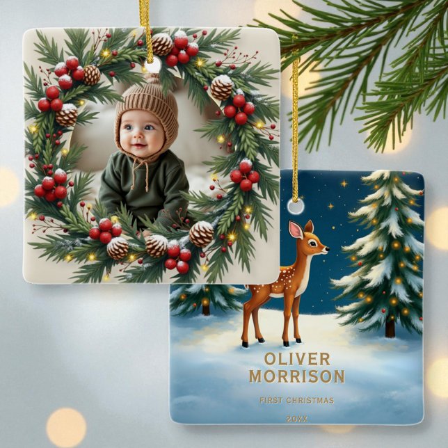 Ornamento De Cerâmica Woodland 1st First Christmas Baby Photo (Criador carregado)