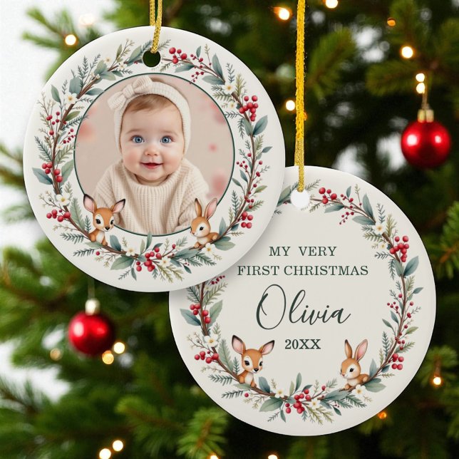 Ornamento De Cerâmica Woodland Baby Primeiro Natal Foto Personalizada (Criador carregado)