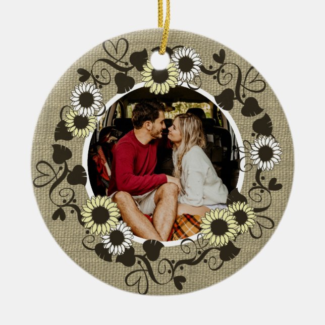 Ornamento De Cerâmica Woodland BOHO Sunflower Photo (Frente)