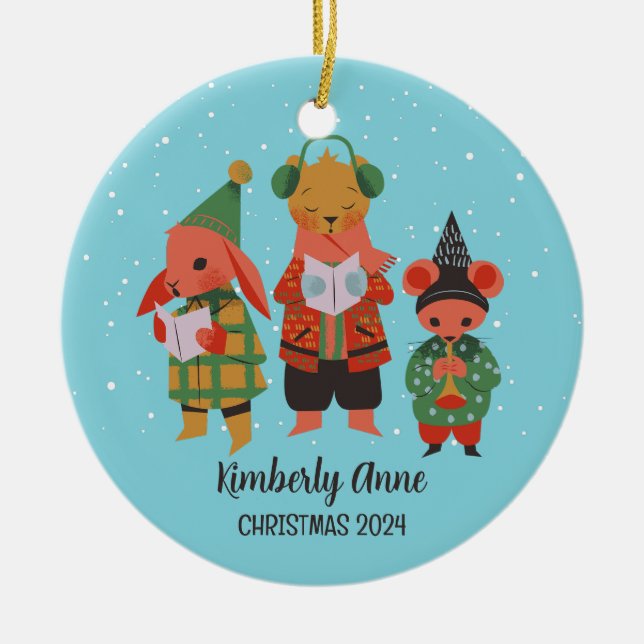 Ornamento De Cerâmica Woodland Christmas Animal Snowy Winter Holiday (Frente)