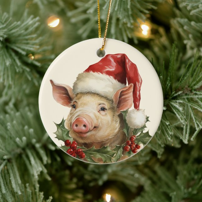 Ornamento De Cerâmica Woodland Christmas porco adiciona texto aquarela (Árvore)