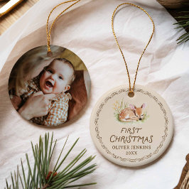 Ornamento De Cerâmica Woodland Deer New Born First Christmas Photo