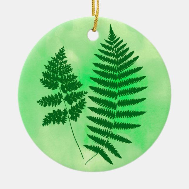 Ornamento De Cerâmica Woodland Fern Green em um Fundo de Aquarela (Frente)