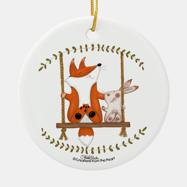 Ornamento De Cerâmica Woodland Fox e Bunny Swing (Frente)