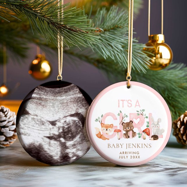 Ornamento De Cerâmica Woodland Girl Announing Natal (Birth Announcement It's a Girl Christmas Ornament)