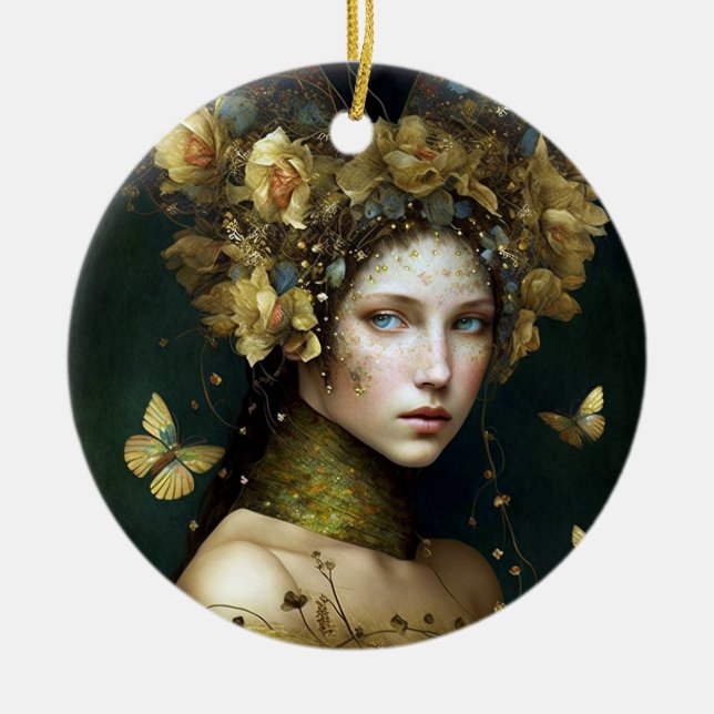 Ornamento De Cerâmica Woodland Green Fairy Fantasy Art (Frente)