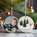 Ornamento De Cerâmica Woodland Primeiro Natal com Foto das Estadas de Na<br><div class="desc">Celebre o primeiro Natal do seu bebê em um estilo encantador! Este único Woodland Ornament apresenta as estatísticas de natalidade e fotografia do seu precioso,  fazer-o como um guardião de eterno. Uma herança perfeita que cresce no valor sentimental a cada estação festiva! Coleção de Ornamento</div>