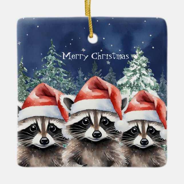 Ornamento De Cerâmica Woodland Raccoon Natal (Frente)