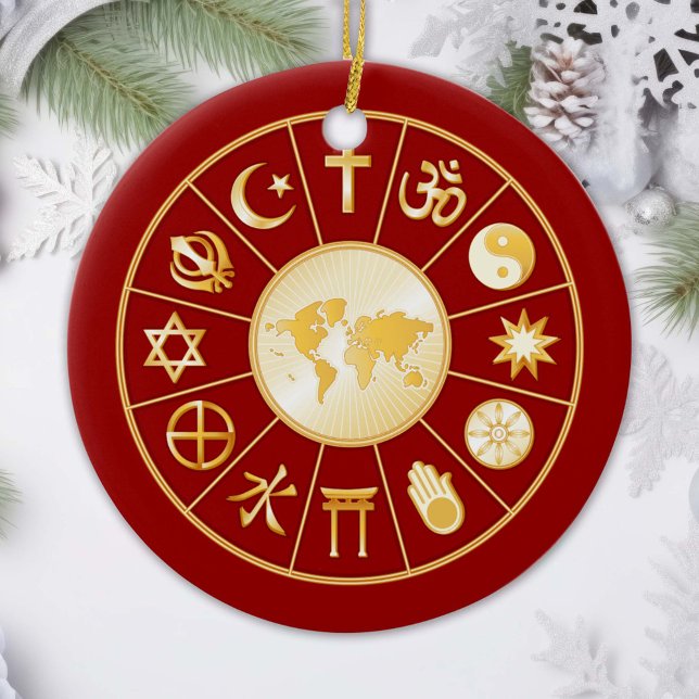 Ornamento De Cerâmica World of Faith Ornament (Gold symbols of international religions surround a world map. )