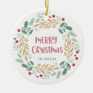 Ornamento De Cerâmica Wreath e Script de Natal Feliz Natal