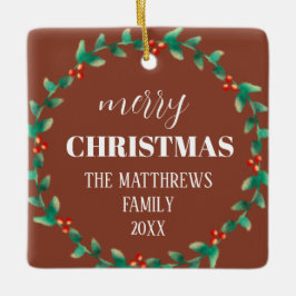 Ornamento De Cerâmica Wreath Merry Christmas Photo Name Terracotta