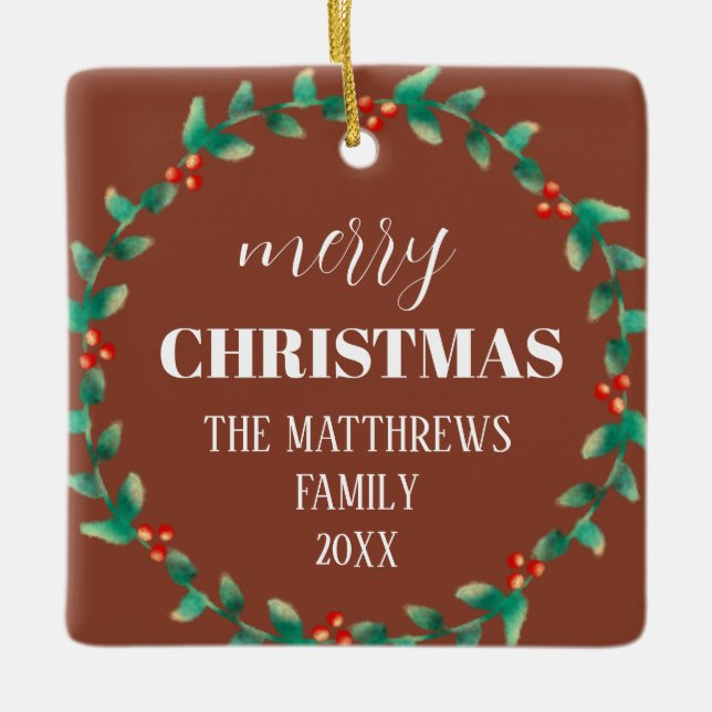 Ornamento De Cerâmica Wreath Merry Christmas Photo Name Terracotta (Frente)