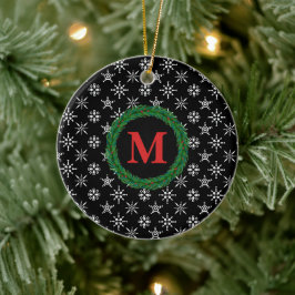 Ornamento De Cerâmica Wreath Monograma Seu Nome Flocos de Neve Amarelos