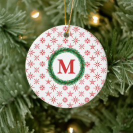 Ornamento De Cerâmica Wreath Monograma Seu Nome Flocos de Neve Vermelhos