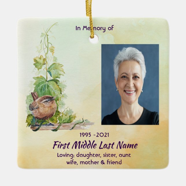 Ornamento De Cerâmica  Wren Bird Vineyard Memorial Keepsake (Frente)