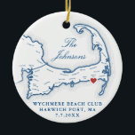 Ornamento De Cerâmica Wychmere Beach Club - Foto de Casamento Primeiro N<br><div class="desc">Celebre seu primeiro Natal como um casal casado com este ornamento cerâmico de manutenção com um tema impressionante do mapa de Cape Cod, perfeito para comemorar seu casamento no Clube de praia de Wychmere, em Harwich Port, MÃES. Personalize-o com os detalhes do seu casamento na frente e com uma foto...</div>