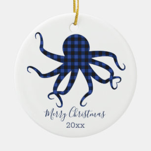 Ornamento De Cerâmica Xadrez Azul Preta de Octopus de Natal Feliz