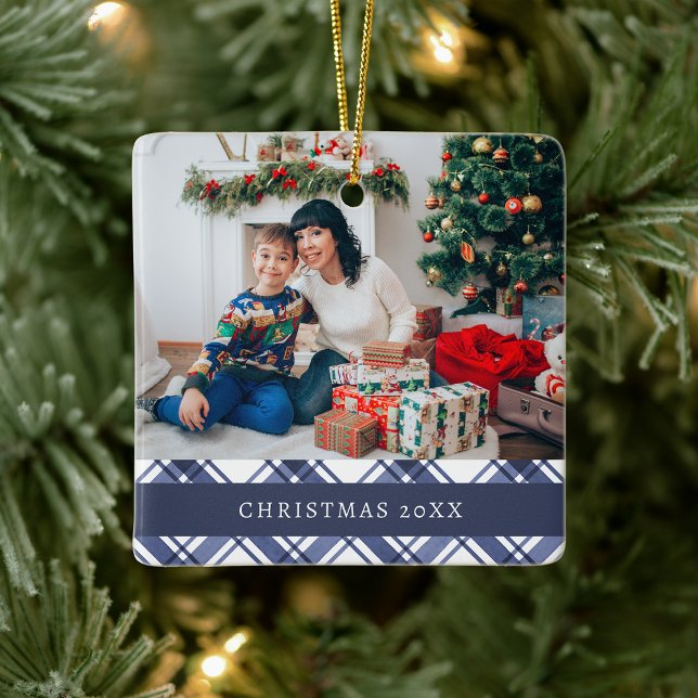 Ornamento De Cerâmica Xadrez Blue Ornament (Plaid Blue Ornament
)