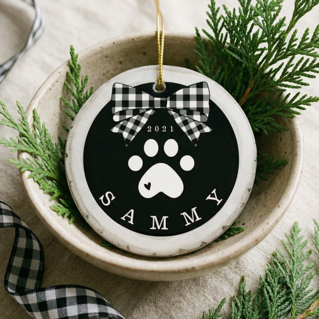 Ornamento De Cerâmica Xadrez Branca Preta Imprimir Pet Fotografia Pet Fo (Dog Cat Pet Photo Black White Plaid Bow Keepsake Ceramic Ornament)