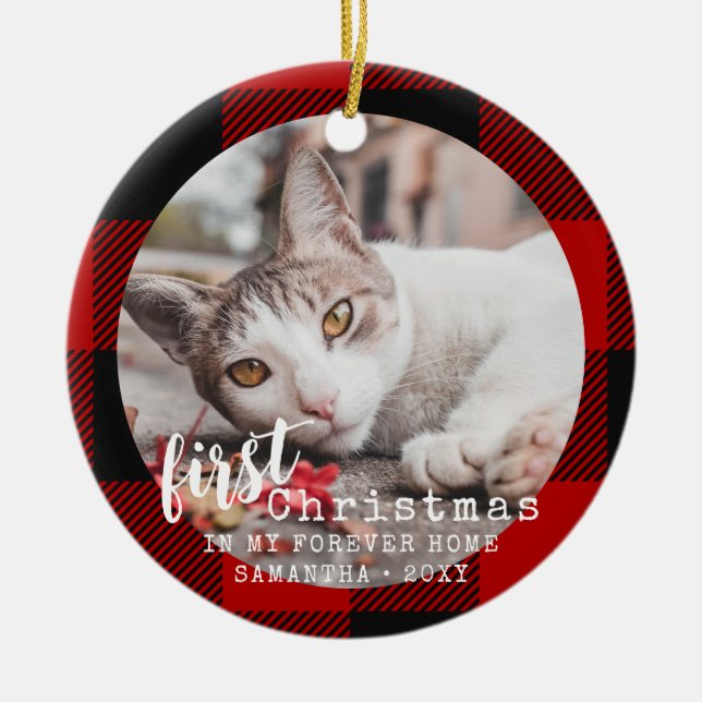Ornamento De Cerâmica Xadrez Buffalo Cat Primeira Foto de Natal (Frente)
