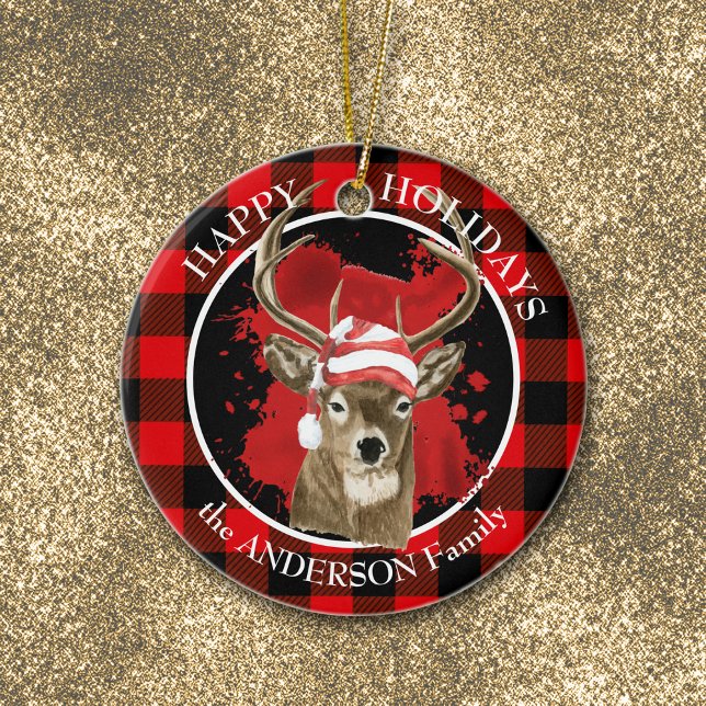 Ornamento De Cerâmica Xadrez Buffalo Deer Santa Hat (Criador carregado)