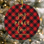 Ornamento De Cerâmica Xadrez Buffalo Joy Peace Love Monograma<br><div class="desc">Xadrez de Buffalo Joy Peace Love Monograma Ornamento Cerâmico de Natal</div>