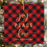 Ornamento De Cerâmica Xadrez Buffalo Joy Peace Love Monograma<br><div class="desc">Xadrez Buffalo Joy Peace Love Monograma Metal Ornament</div>