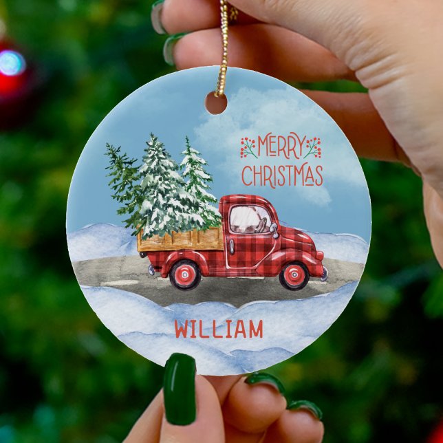Ornamento De Cerâmica Xadrez de Aquarela Vermelha Neve Feliz Natal (Watercolor Plaid Red Truck Snow Merry Christmas Ceramic Ornament)
