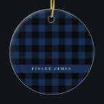 Ornamento De Cerâmica Xadrez de Buffalo Azul e Negro Personalizada<br><div class="desc">Xadrez de búfalas Negra e Azul de Vintage Ornamento Cerâmico Personalizado de Natal</div>