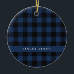 Ornamento De Cerâmica Xadrez de Buffalo Azul e Negro Personalizada<br><div class="desc">Xadrez de búfalas Negra e Azul de Vintage Ornamento Cerâmico Personalizado de Natal</div>