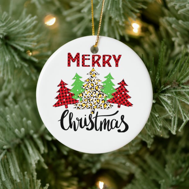 Ornamento De Cerâmica Xadrez de Natal Árvore de inverno Leopardo (Plaid Christmas Tree Winter Forest Leopard Ceramic Ornament
)