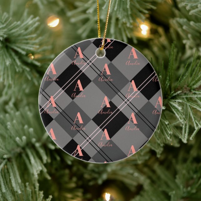 Ornamento De Cerâmica Xadrez de Natal Cinza Personalizada Rosa Preto (Árvore)