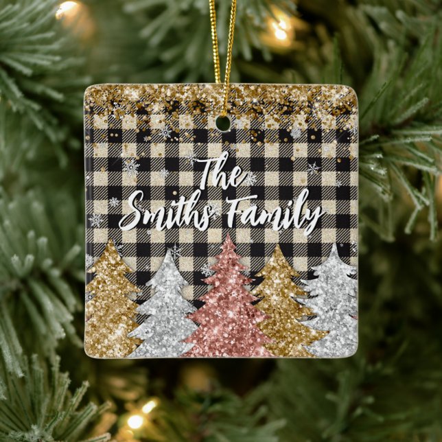 Ornamento De Cerâmica Xadrez De Natal E Nome Da Família Glitter (Árvore)