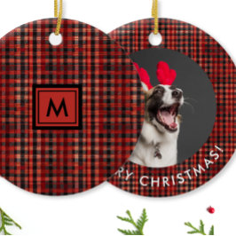 Ornamento De Cerâmica Xadrez Escocês Vermelho e Preto Clássico com Monog