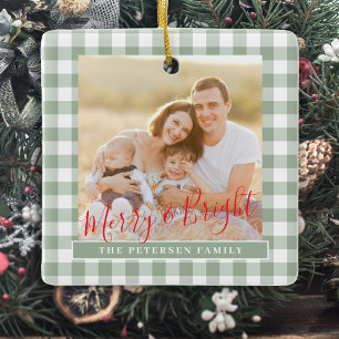 Ornamento De Cerâmica Xadrez gingham verde 2 foto Natal em família