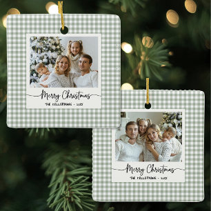 Ornamento De Cerâmica Xadrez Gingham Verde Fofo Natal Foto Personalizada