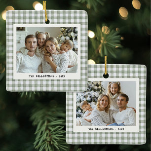 Ornamento De Cerâmica Xadrez Gingham Verde Natal com Duas Fotos