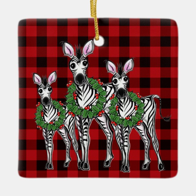 Ornamento De Cerâmica Xadrez negra vermelha das zebras de Natal (Frente)