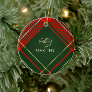 Ornamento De Cerâmica Xadrez Red Tartan Clássico Nome e Foto Natal