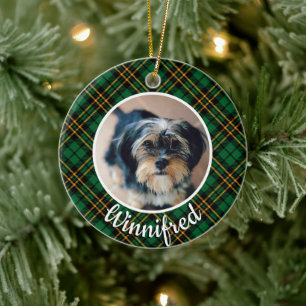 Ornamento De Cerâmica Xadrez Rústico Verde com Foto Personalizada de Pet