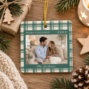Ornamento De Cerâmica Xadrez Tartan Verde Sálvia Creme Foto Natal