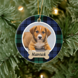 Ornamento De Cerâmica Xadrez Verde e Azul Tartan com Foto Personalizada