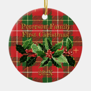 Ornamento De Cerâmica Xadrez Verde Vermelho na Holly Primeiro Natal da