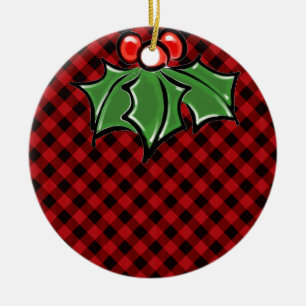 Ornamento De Cerâmica Xadrez Vermelho Festivo de Natal com Raminhos de A