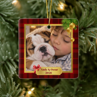 Ornamento De Cerâmica Xadrez Vermelho Foto Personalizada Primeiro Natal