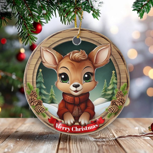 Ornamento De Cerâmica Xmas Doe Festive Holiday Wooden Rustic Pine 🦌🎄 (Personalizable Xmas doe, festive holiday wooden rustic pine, pinecone winter Ceramic Ornament! 🦌🎄)